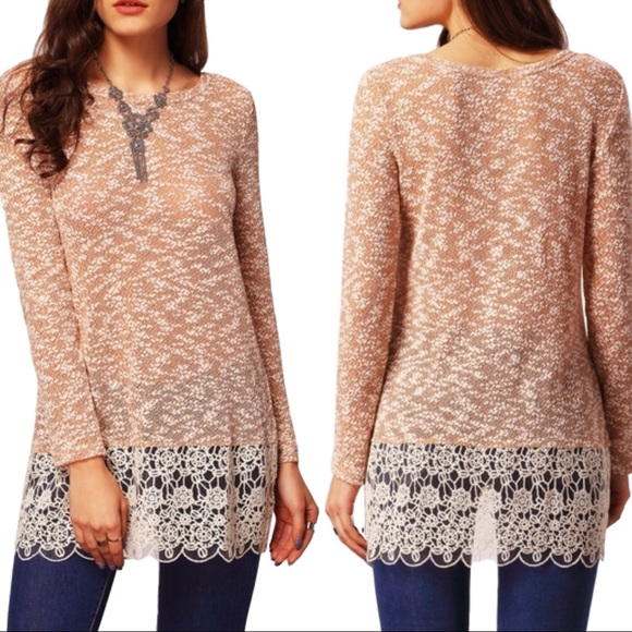 Tops - Loose Knit Lace Trim Marled Sweater